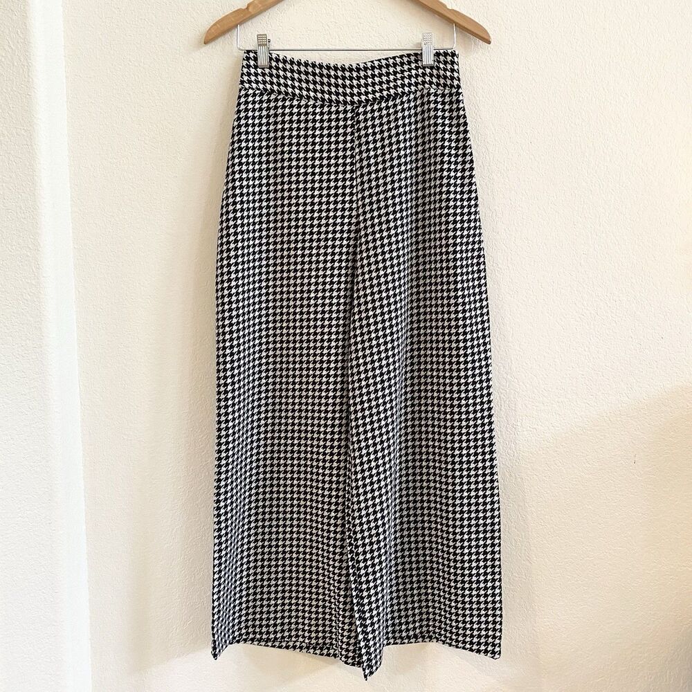 Miss Love Womens Medium Houndstooth High Waisted Wide Leg Side Zip Pants
